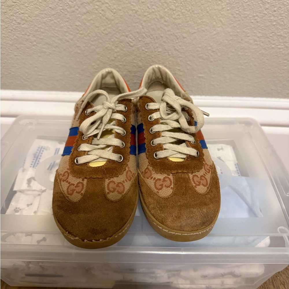 Floral Patterned Sneakers with Blue and Orange Stripes - Picture 2 of 5